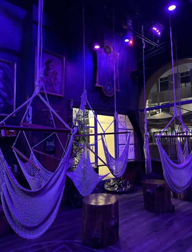 Rope hammock chairs lit deep violet, hanging in front of the breezeway windows.